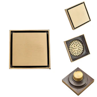Brushed Gold Square Shower Drain 10x10cm – Tile Insert Brass Floor Waste Grate, Anti-Odor Design